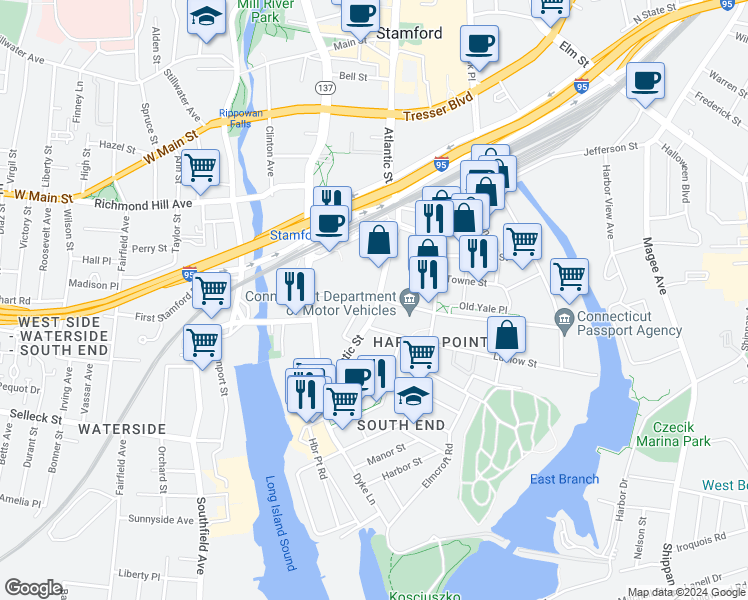 map of restaurants, bars, coffee shops, grocery stores, and more near 745 Atlantic Street in Stamford