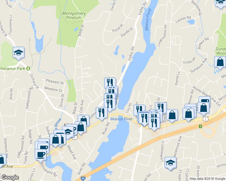 map of restaurants, bars, coffee shops, grocery stores, and more near 94 Valley Road in Greenwich