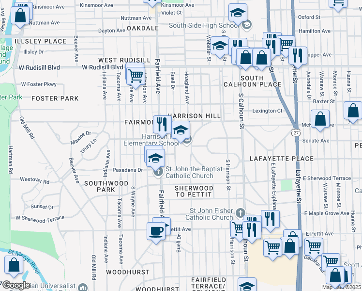 map of restaurants, bars, coffee shops, grocery stores, and more near 355 South Cornell Circle in Fort Wayne