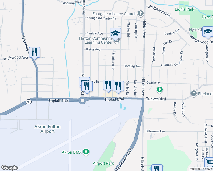 map of restaurants, bars, coffee shops, grocery stores, and more near 608 Stephens Road in Akron