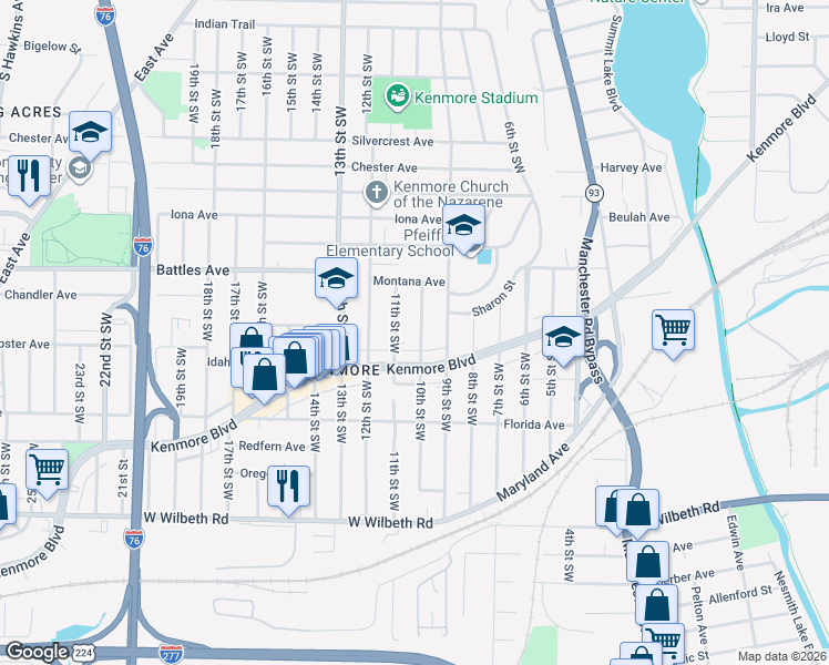 map of restaurants, bars, coffee shops, grocery stores, and more near 2158 10th Street Southwest in Akron