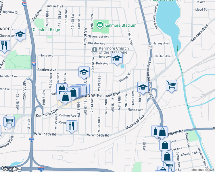 map of restaurants, bars, coffee shops, grocery stores, and more near 2168 9th Street Southwest in Akron