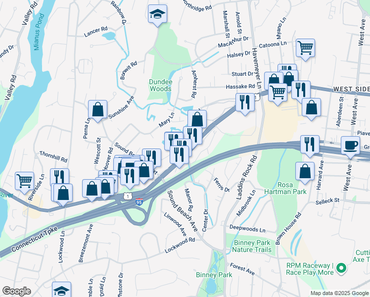 map of restaurants, bars, coffee shops, grocery stores, and more near 1345 East Putnam Avenue in Greenwich