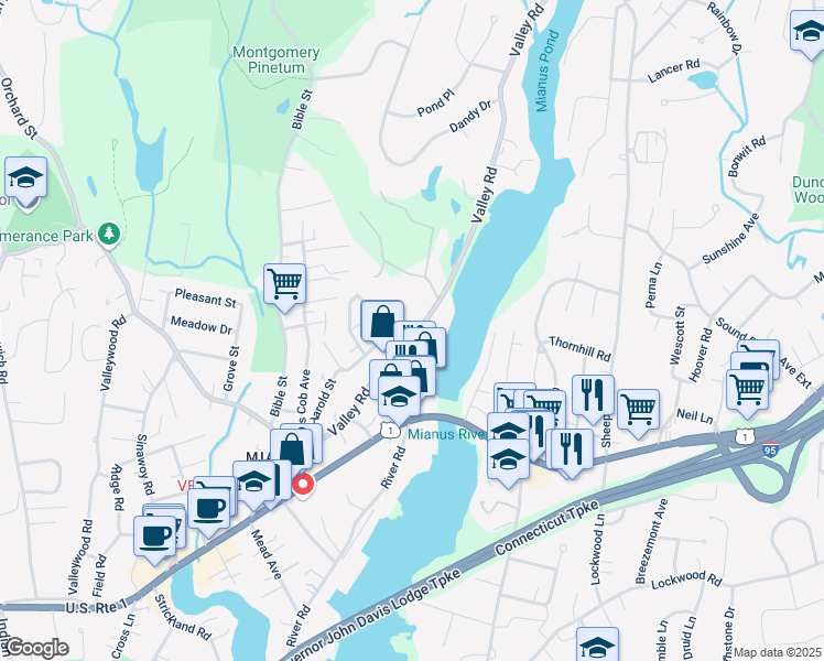 map of restaurants, bars, coffee shops, grocery stores, and more near 85 Valley Road in Greenwich