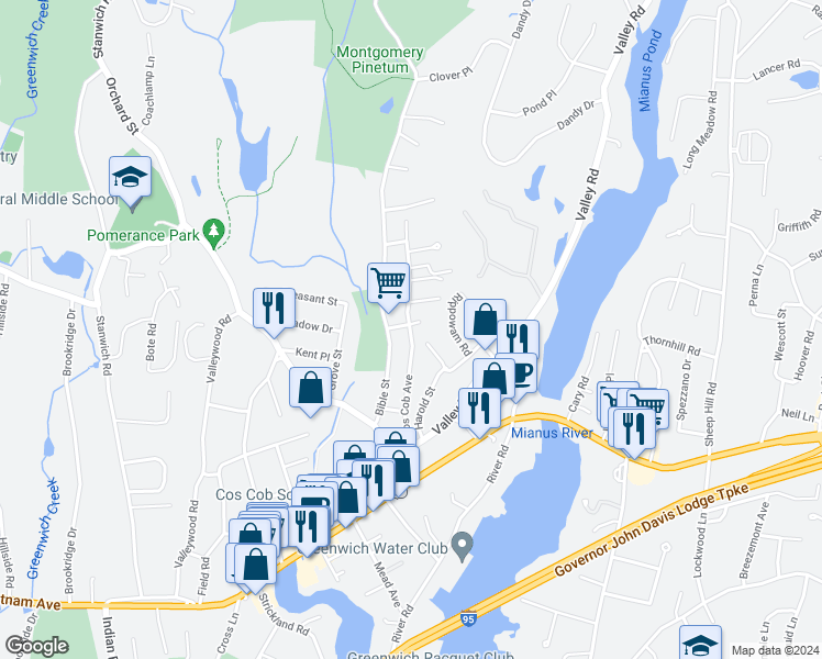map of restaurants, bars, coffee shops, grocery stores, and more near 47 Cos Cob Avenue in Greenwich
