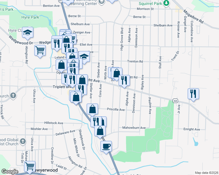 map of restaurants, bars, coffee shops, grocery stores, and more near 532 Stevenson Avenue in Akron