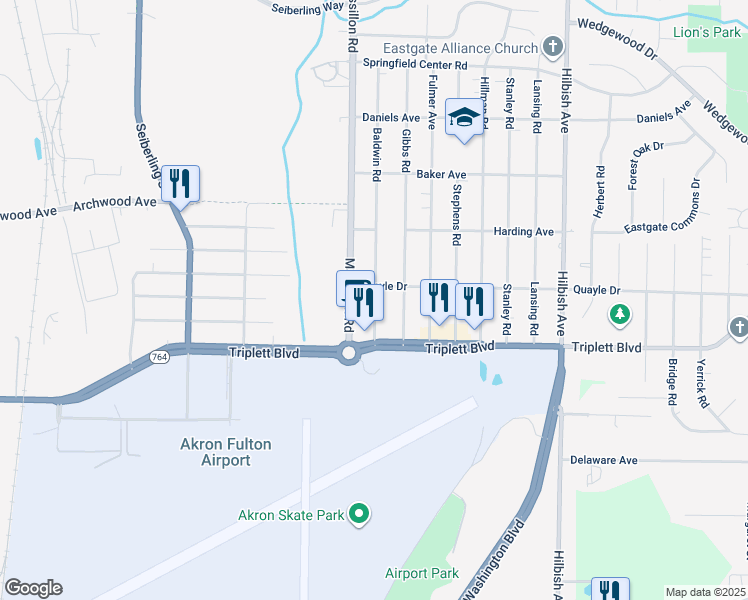 map of restaurants, bars, coffee shops, grocery stores, and more near 598 Baldwin Road in Akron