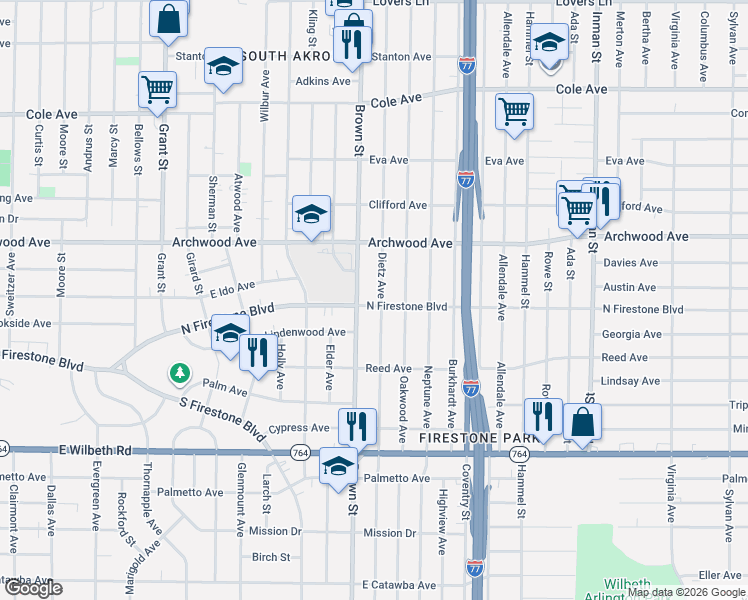 map of restaurants, bars, coffee shops, grocery stores, and more near 474 North Firestone Boulevard in Akron
