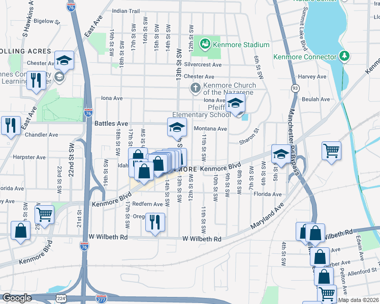 map of restaurants, bars, coffee shops, grocery stores, and more near 2172 12th Street Southwest in Akron