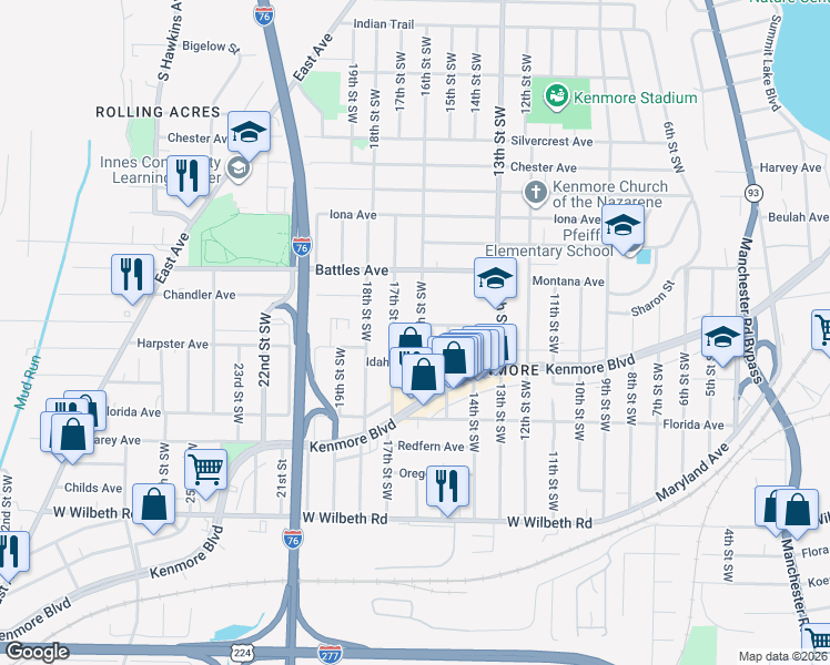 map of restaurants, bars, coffee shops, grocery stores, and more near 937 Ella Court in Akron