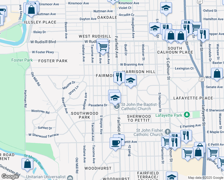 map of restaurants, bars, coffee shops, grocery stores, and more near 4322 Arlington Avenue in Fort Wayne
