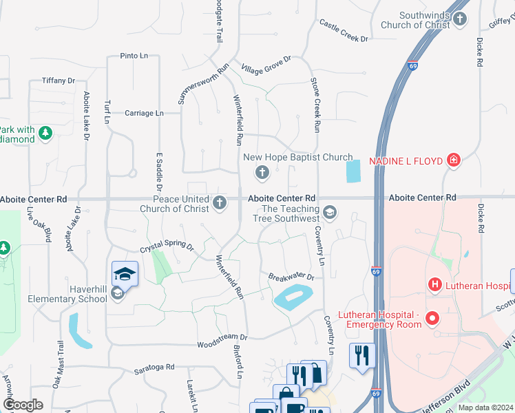 map of restaurants, bars, coffee shops, grocery stores, and more near 4307 Whaler's Cove in Fort Wayne