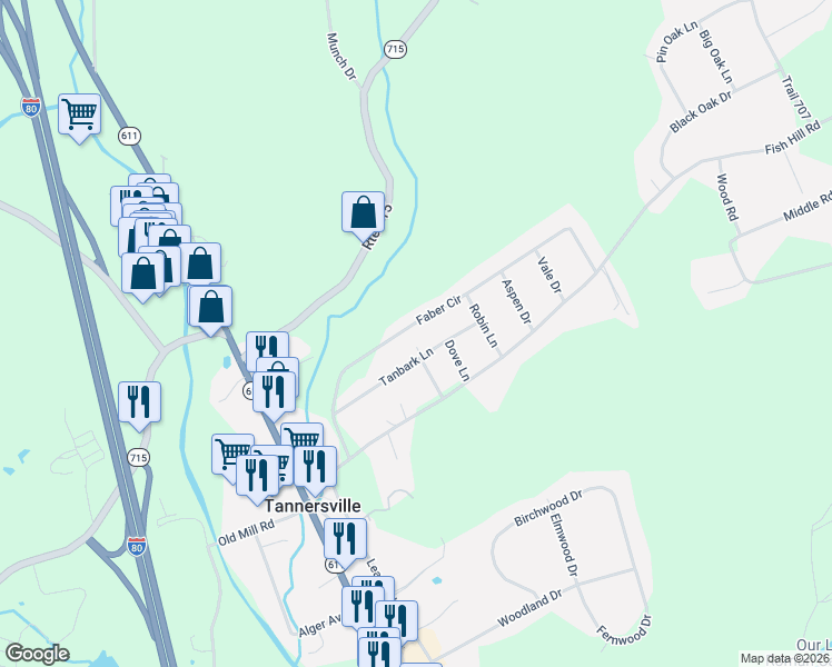 map of restaurants, bars, coffee shops, grocery stores, and more near 145 Tanbark Lane in Tannersville