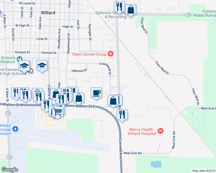 map of restaurants, bars, coffee shops, grocery stores, and more near 220 Crestwood Drive in Willard