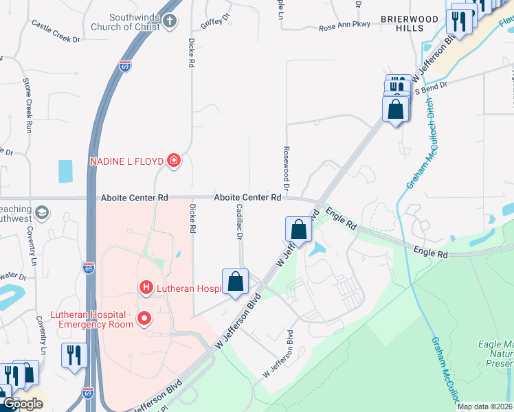 map of restaurants, bars, coffee shops, grocery stores, and more near 7631 Aboite Center Road in Fort Wayne