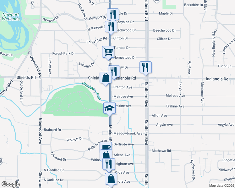 map of restaurants, bars, coffee shops, grocery stores, and more near 5325 Market Street in Boardman