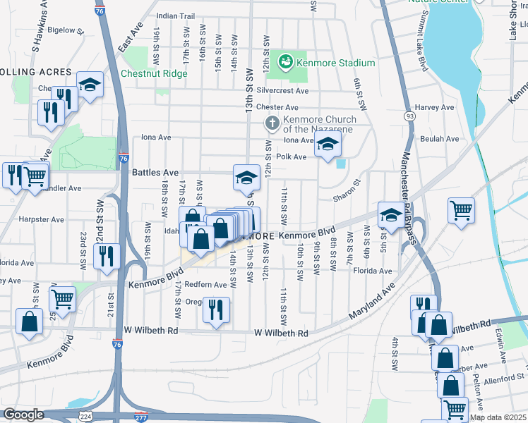 map of restaurants, bars, coffee shops, grocery stores, and more near 2172 12th Street Southwest in Akron