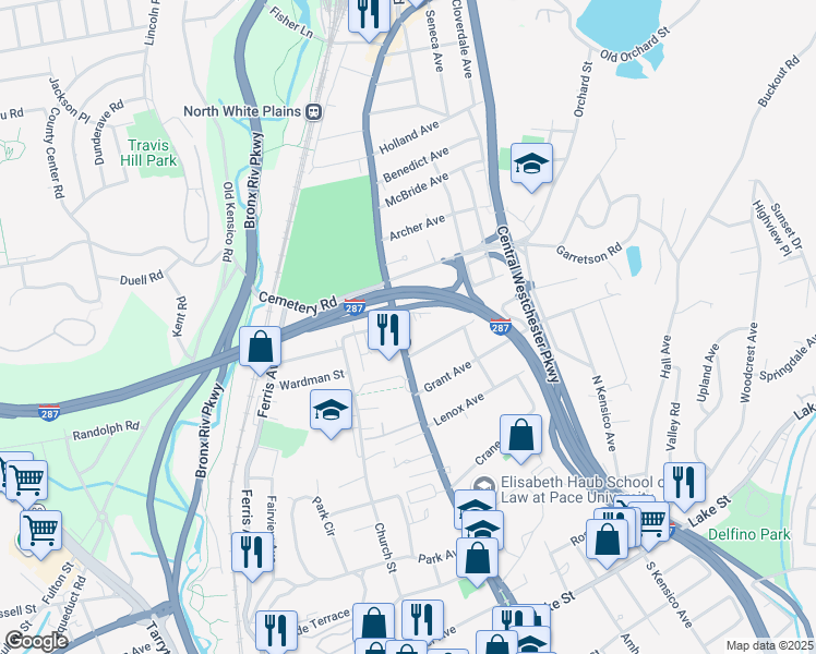 map of restaurants, bars, coffee shops, grocery stores, and more near 144 North Broadway in White Plains