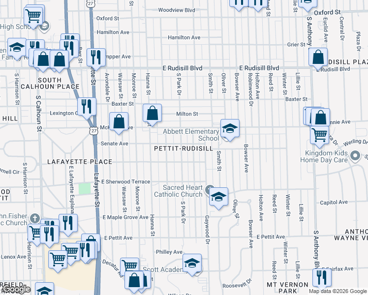 map of restaurants, bars, coffee shops, grocery stores, and more near 4424 South Park Drive in Fort Wayne
