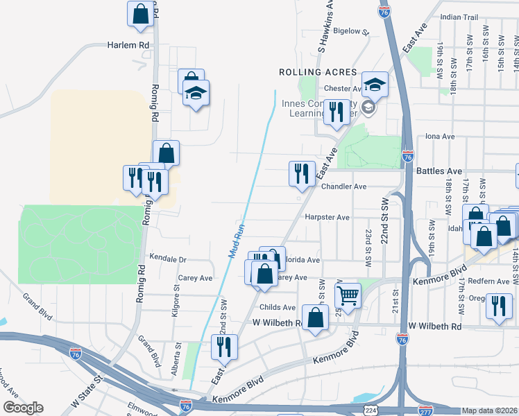 map of restaurants, bars, coffee shops, grocery stores, and more near 1307 Harpster Avenue in Akron
