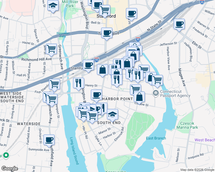 map of restaurants, bars, coffee shops, grocery stores, and more near 34 Woodland Avenue in Stamford