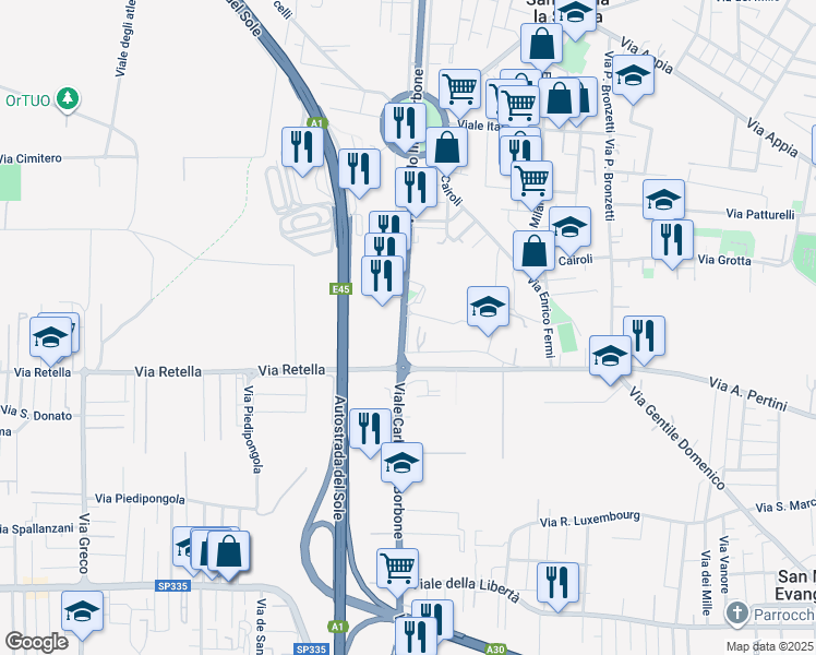 map of restaurants, bars, coffee shops, grocery stores, and more near 173 Viale Carlo III in San Nicola La Strada