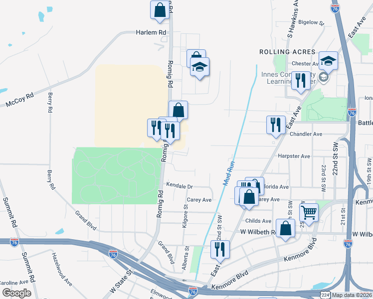map of restaurants, bars, coffee shops, grocery stores, and more near 2569 Romig Road in Akron