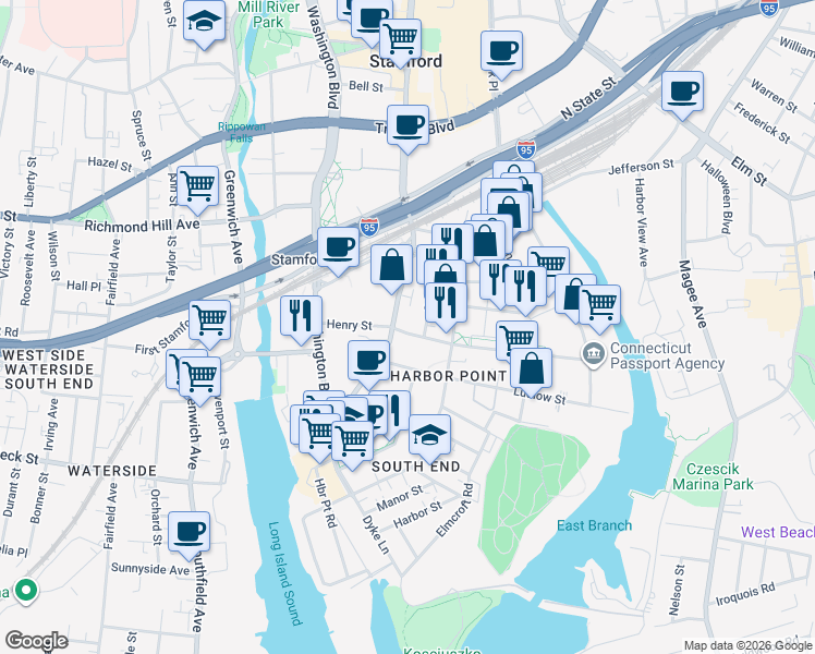 map of restaurants, bars, coffee shops, grocery stores, and more near 34 Woodland Avenue in Stamford