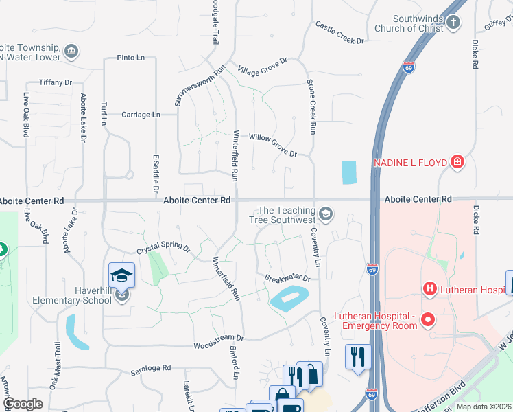 map of restaurants, bars, coffee shops, grocery stores, and more near 4310 Whaler's Cove in Fort Wayne