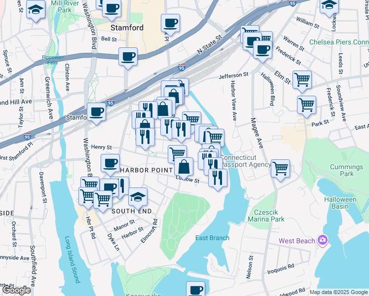map of restaurants, bars, coffee shops, grocery stores, and more near 200 Henry Street in Stamford