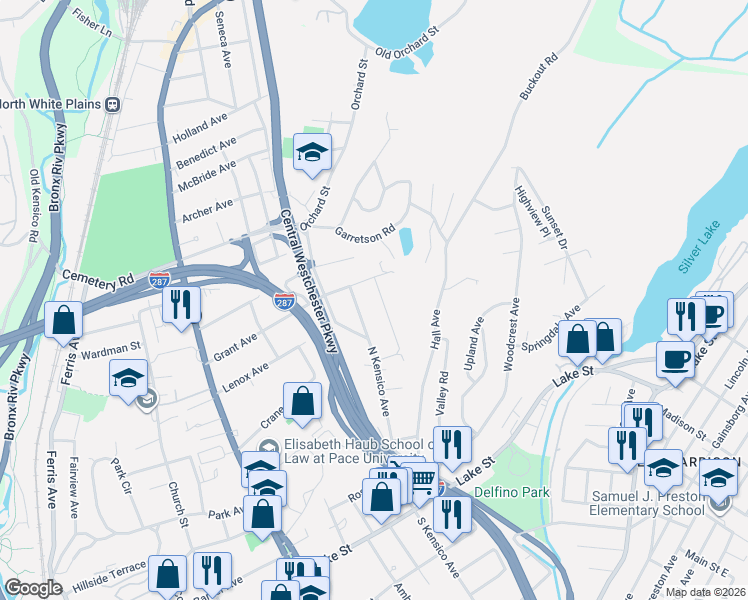 map of restaurants, bars, coffee shops, grocery stores, and more near 41 Mount Morris Avenue in White Plains