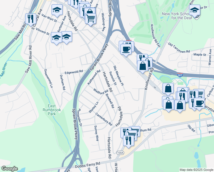 map of restaurants, bars, coffee shops, grocery stores, and more near 869 West Hartsdale Avenue in Westchester County