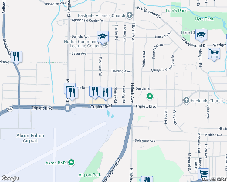 map of restaurants, bars, coffee shops, grocery stores, and more near 601 Stanley Road in Akron