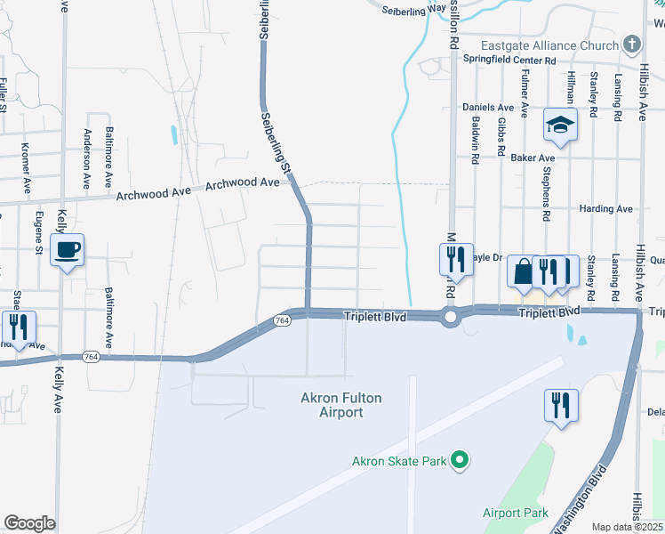 map of restaurants, bars, coffee shops, grocery stores, and more near 640 Essex Street in Akron