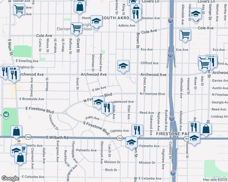 map of restaurants, bars, coffee shops, grocery stores, and more near 386 North Firestone Boulevard in Akron