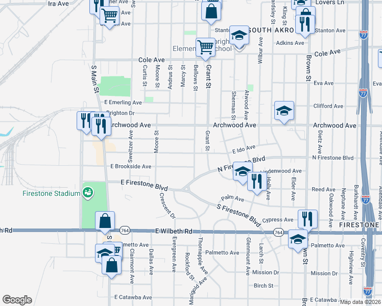 map of restaurants, bars, coffee shops, grocery stores, and more near in Akron