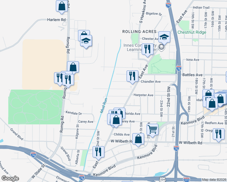 map of restaurants, bars, coffee shops, grocery stores, and more near 1307 Harpster Avenue in Akron