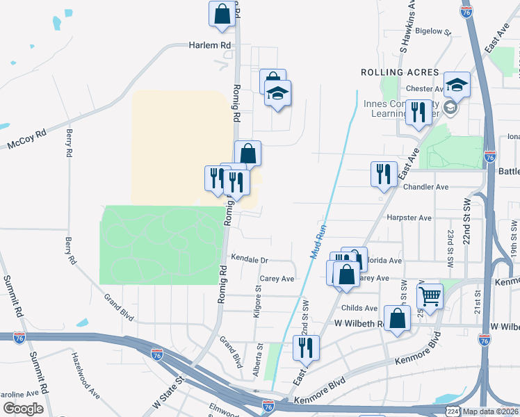 map of restaurants, bars, coffee shops, grocery stores, and more near 2569 Romig Road in Akron