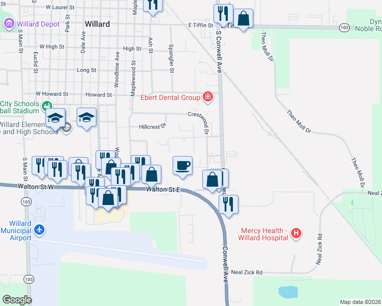 map of restaurants, bars, coffee shops, grocery stores, and more near 32 Wedgewood Drive in Willard
