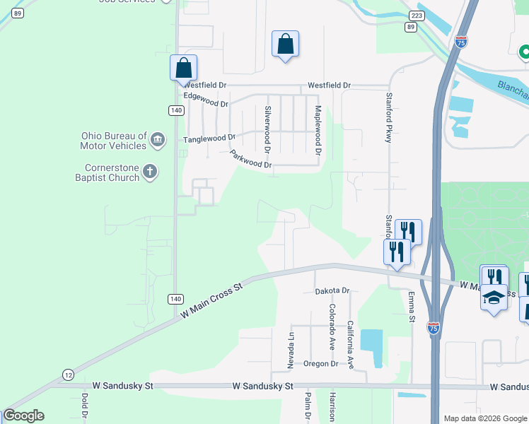 map of restaurants, bars, coffee shops, grocery stores, and more near 101 Valor Drive in Findlay