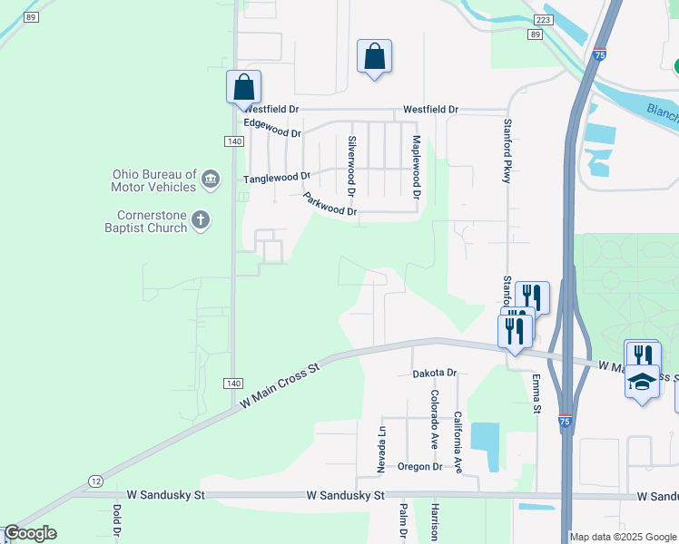map of restaurants, bars, coffee shops, grocery stores, and more near 105 Valor Drive in Findlay