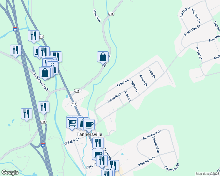 map of restaurants, bars, coffee shops, grocery stores, and more near 45 Faber Circle in Tannersville