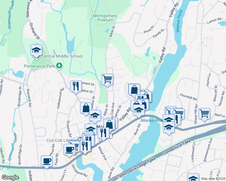 map of restaurants, bars, coffee shops, grocery stores, and more near Cos Cob Avenue in Greenwich