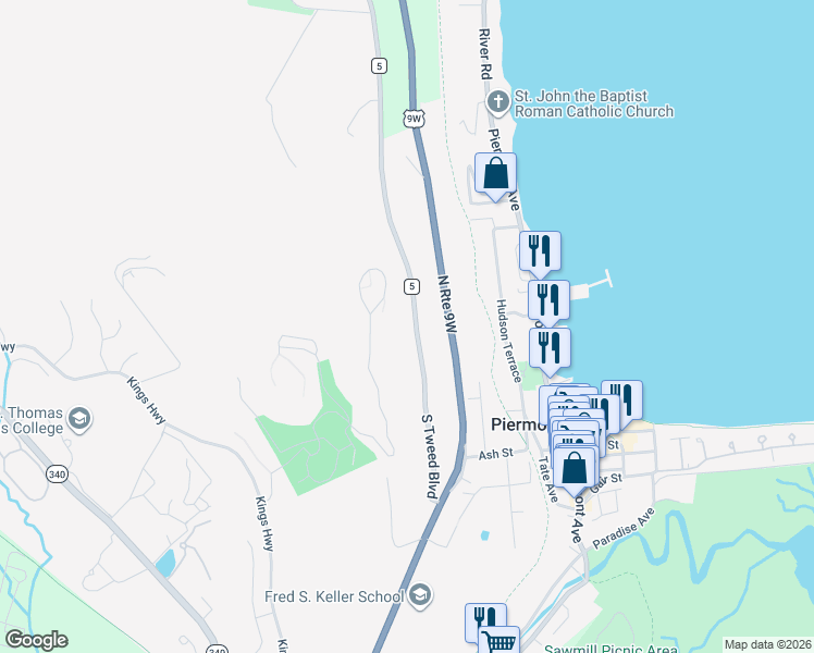 map of restaurants, bars, coffee shops, grocery stores, and more near 250 Tweed Boulevard in Nyack
