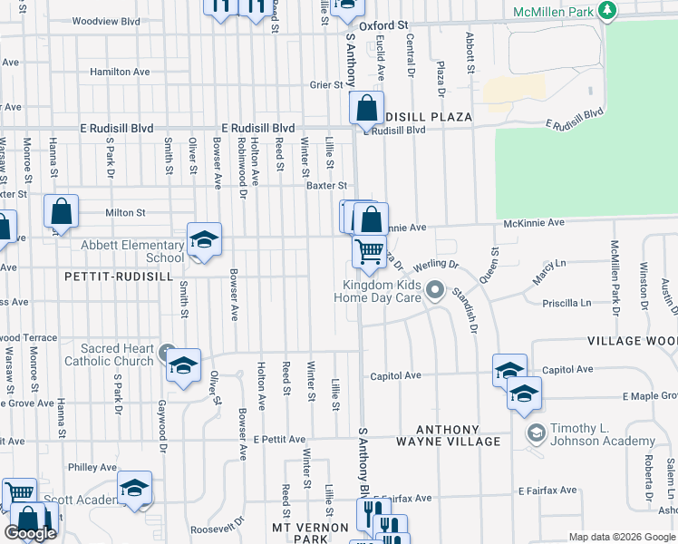 map of restaurants, bars, coffee shops, grocery stores, and more near 4343 Lillie Street in Fort Wayne
