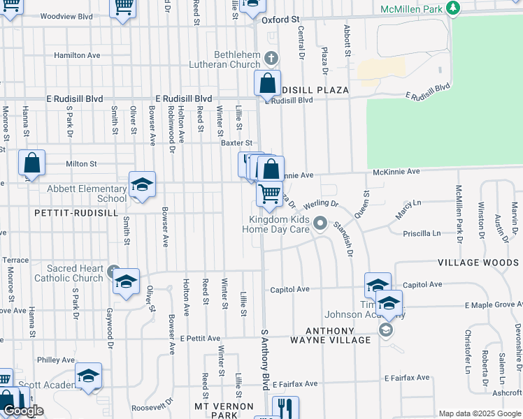 map of restaurants, bars, coffee shops, grocery stores, and more near 4340 South Anthony Boulevard in Fort Wayne