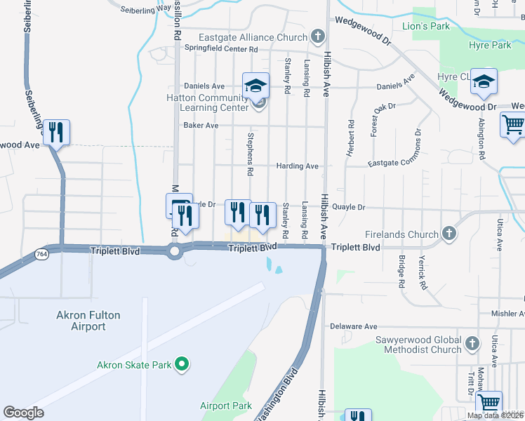 map of restaurants, bars, coffee shops, grocery stores, and more near 602 Hillman Road in Akron