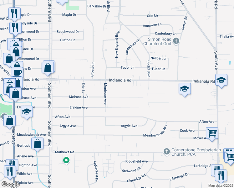 map of restaurants, bars, coffee shops, grocery stores, and more near 342 Melrose Avenue in Youngstown