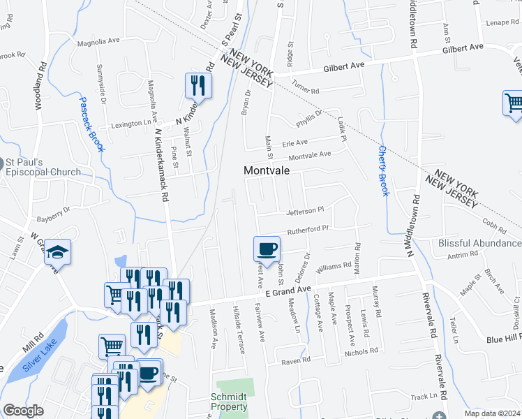 map of restaurants, bars, coffee shops, grocery stores, and more near 55 Hillcrest Avenue in Montvale