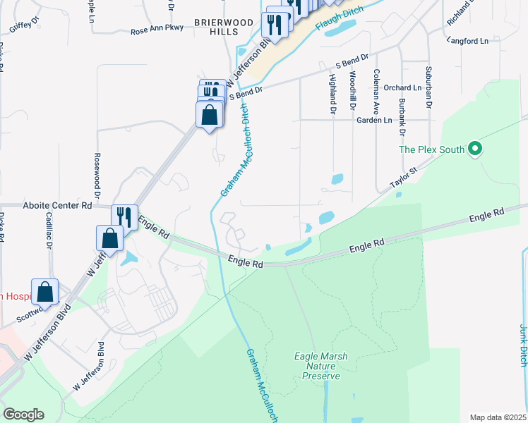 map of restaurants, bars, coffee shops, grocery stores, and more near 6825 Laura Lane in Fort Wayne